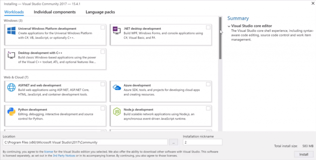 here are the components you need to install Visual Studio