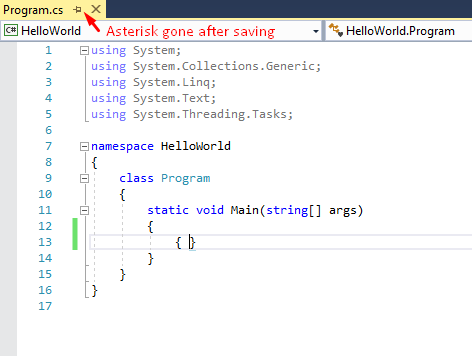 asterisk gone after saving in visual studio