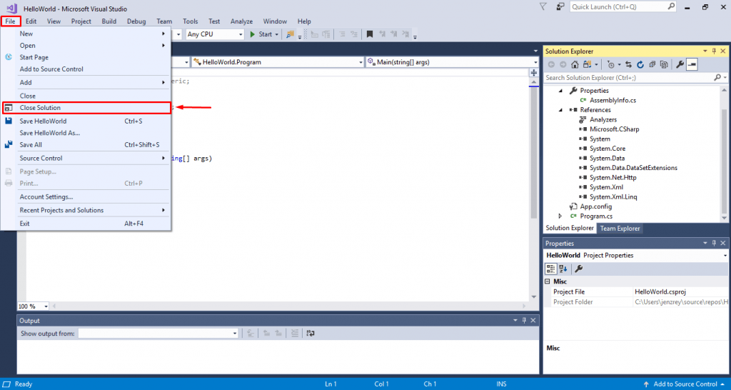 how to close solution in visual studio