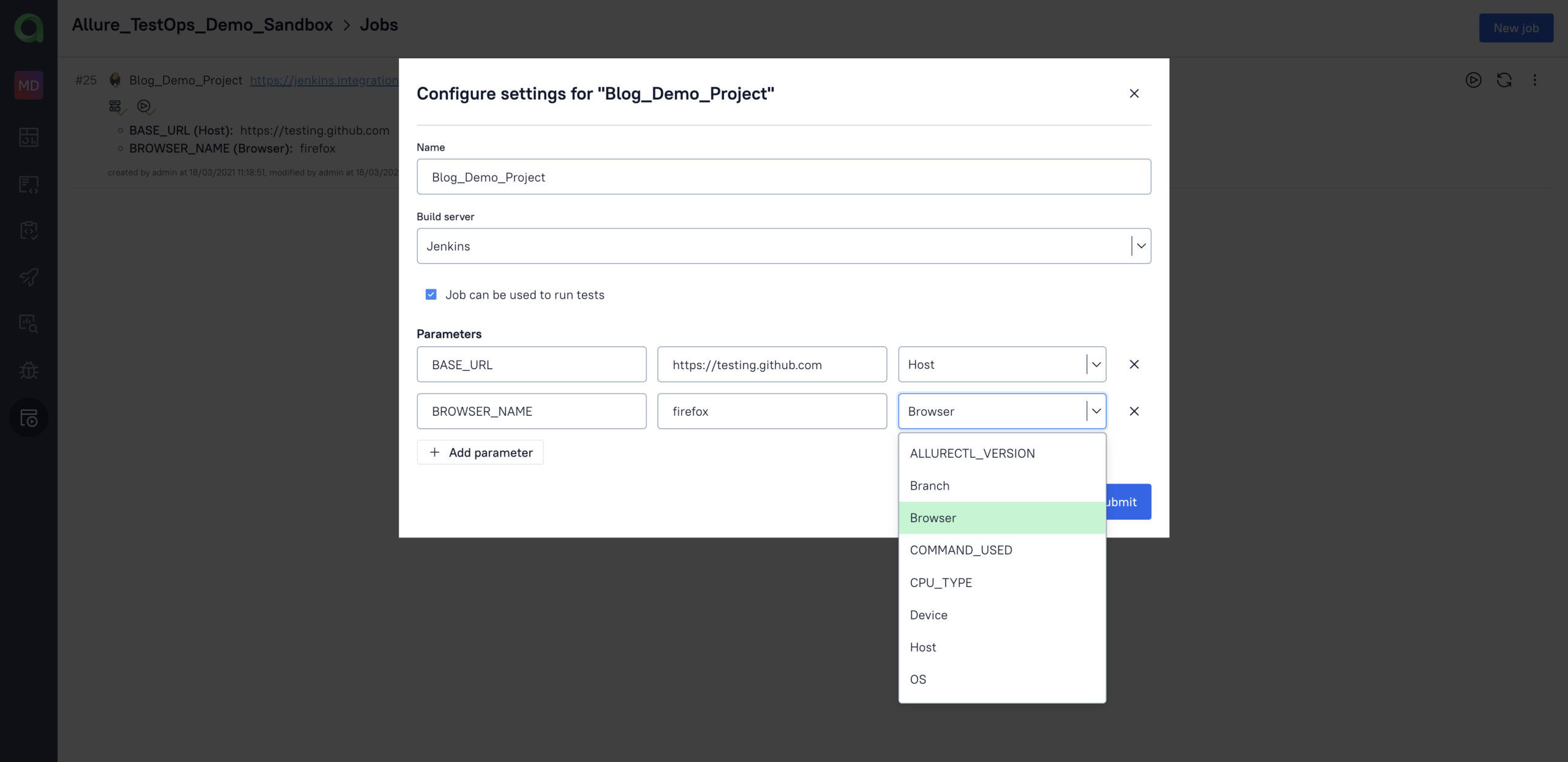 Allure TestOps job setup screen